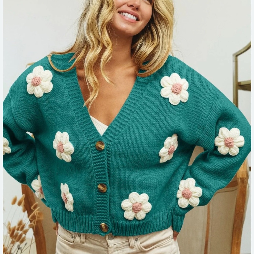🐼LUXVEER  in Teal 3D stitch flower open front knit cardigan size XXL NWT